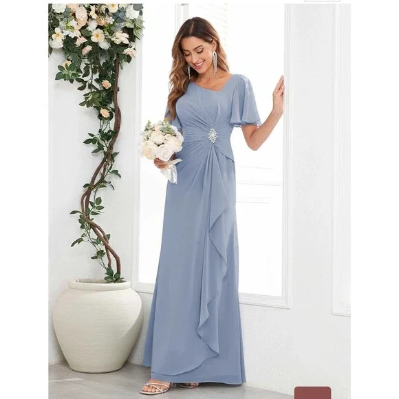 New Mother of the Bride (6) Dusty Blue Chiffon Flutter Sleeve Ruched Maxi Dress - Picture 13 of 14